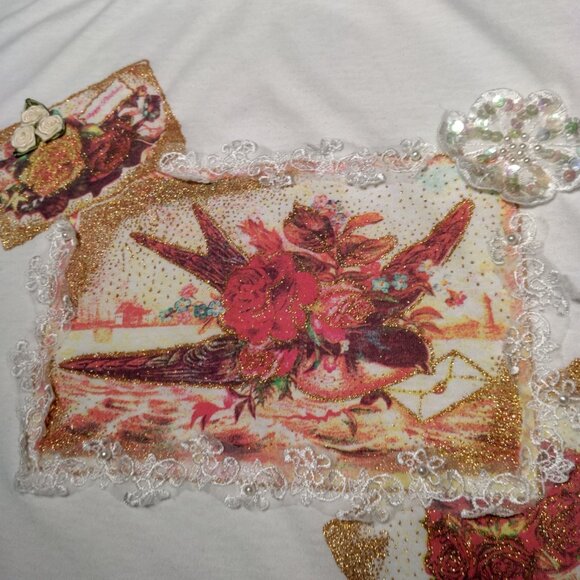 Vintage Precious Knits Shirt Small White Lace Gold Glitter Bird Roses Grannycore - Picture 15 of 16